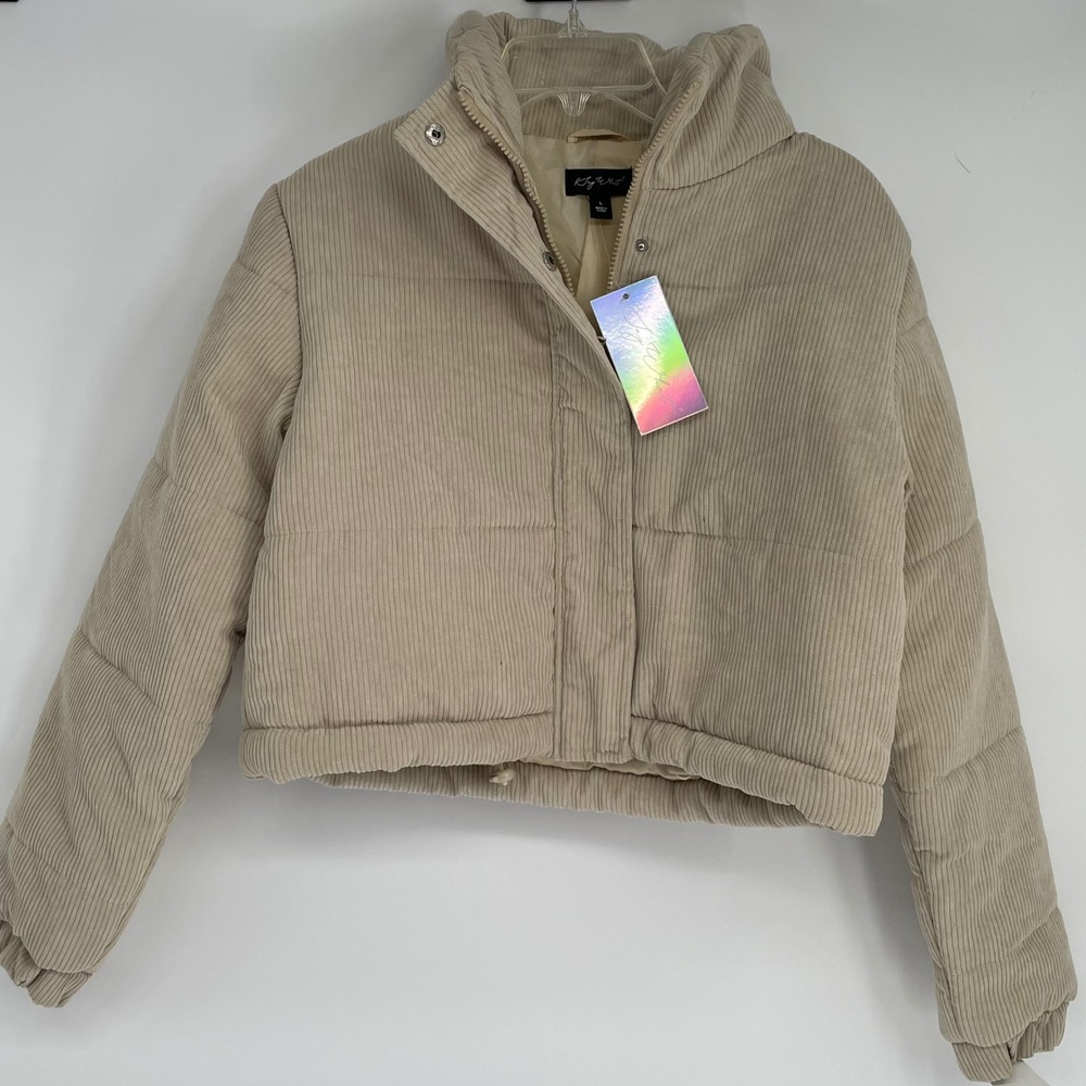 Say What Womens Corduroy Puffer Jacket Beige Cropped Quilted High Neck Size L‎